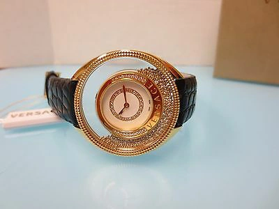 Pre-owned Versace Womens 86q71sd498 S009 Destiny Spirit Gold Ip Case Leather Diamond Watch