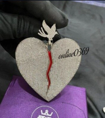 Pre-owned Online0369 4.25 Ct Natural Moissanite Broken Big Heart With Bird Pendant Free Stud Silver In White