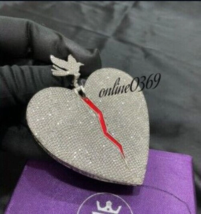 Pre-owned Online0369 4.25 Ct Natural Moissanite Broken Big Heart With Bird Pendant Free Stud Silver In White