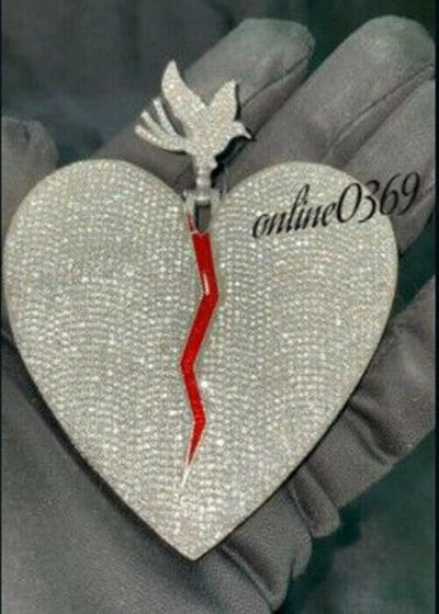 Pre-owned Online0369 4.25 Ct Natural Moissanite Broken Big Heart With Bird Pendant Free Stud Silver In White