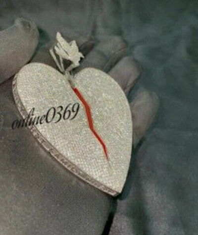 Pre-owned Online0369 4.25 Ct Natural Moissanite Broken Big Heart With Bird Pendant Free Stud Silver In White