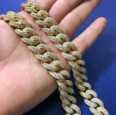 Pre-owned Online0369 Silver Yellow Gold Plated Mens Solitaire Setting Cuban Necklace Chain 16mm X 20" In White