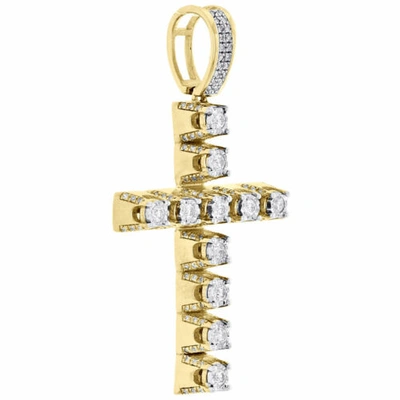 Pre-owned Jfl Diamonds & Timepieces 10k Yellow Gold Genuine Diamond 1 Row Prong Set Cross Pendant 1.8" Charm 3/4 Ct. In White