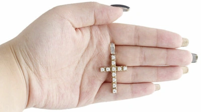 Pre-owned Jfl Diamonds & Timepieces 10k Yellow Gold Genuine Diamond 1 Row Prong Set Cross Pendant 1.8" Charm 3/4 Ct. In White