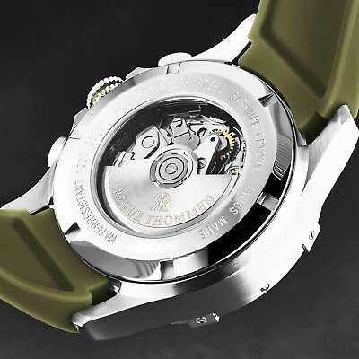 Pre-owned Revue Thommen Mens Air Speed Black Dial Green Strap Automatic Watch 16071.6634