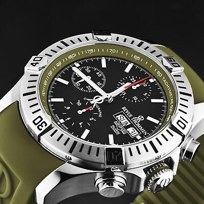 Pre-owned Revue Thommen Mens Air Speed Black Dial Green Strap Automatic Watch 16071.6634