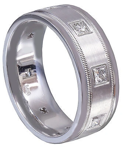 Pre-owned Handmade 14k Whie Gold Princess Cut Diamond Mens Band Ring Eternity Filigree 0.40ct 7mm In White