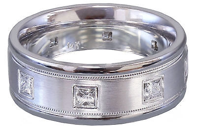 Pre-owned Handmade 14k Whie Gold Princess Cut Diamond Mens Band Ring Eternity Filigree 0.40ct 7mm In White