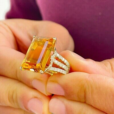 Pre-owned Split 14k Yellow Gold Cushion Yellow Citrine Round Cut Diamond Ring  Band 10.75ct