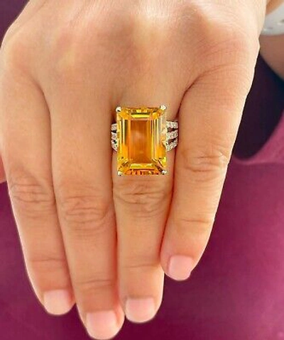 Pre-owned Split 14k Yellow Gold Cushion Yellow Citrine Round Cut Diamond Ring  Band 10.75ct