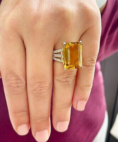 Pre-owned Split 14k Yellow Gold Cushion Yellow Citrine Round Cut Diamond Ring  Band 10.75ct