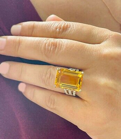 Pre-owned Split 14k Yellow Gold Cushion Yellow Citrine Round Cut Diamond Ring  Band 10.75ct