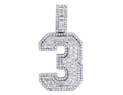 Pre-owned Jewelry Unlimited 10k White Gold Emerald Cut 3.7ct Real Diamond "3" Number Pendant 1.8"