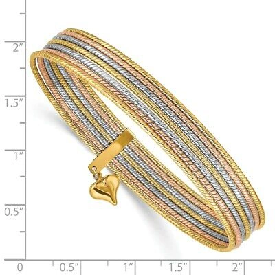Pre-owned Skyjewelers Real 14kt W/ Dangle Heart Tri-color Set Of 7 Textured Slip-on Bangles