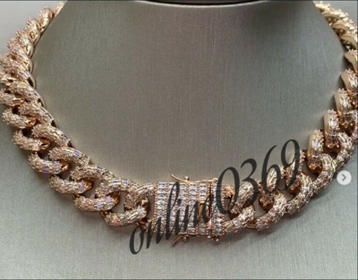 ONLINE0369 Pre-owned Mens 14mm X 20 Inch Cuban Necklace 10ct Baguette Cubic Zirconia Free Stud Silver In White