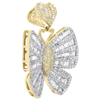 Pre-owned Jfl Diamonds & Timepieces 10k Yellow Gold Round & Baguette Diamond Butterfly Pendant 1.50" Charm 2.80 Ct. In White