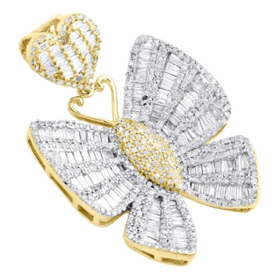 Pre-owned Jfl Diamonds & Timepieces 10k Yellow Gold Round & Baguette Diamond Butterfly Pendant 1.50" Charm 2.80 Ct. In White