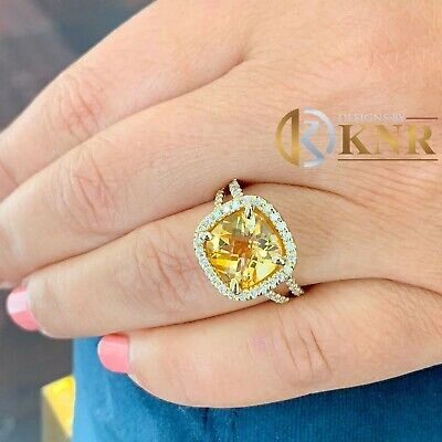 Pre-owned Knr 14k Yellow Gold Cushion Yellow Citrine Round Cut Diamond Ring Split Band 5.80ctw