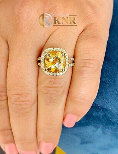 Pre-owned Knr 14k Yellow Gold Cushion Yellow Citrine Round Cut Diamond Ring Split Band 5.80ctw