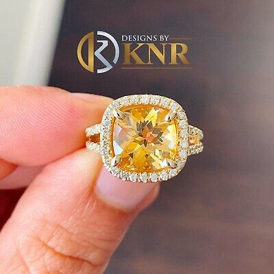 Pre-owned Knr 14k Yellow Gold Cushion Yellow Citrine Round Cut Diamond Ring Split Band 5.80ctw