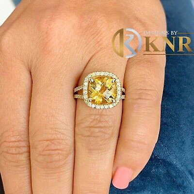 Pre-owned Knr 14k Yellow Gold Cushion Yellow Citrine Round Cut Diamond Ring Split Band 5.80ctw