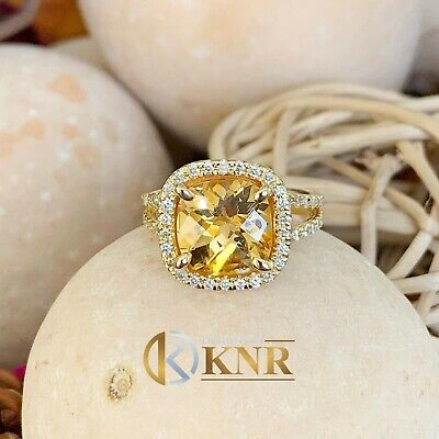 Pre-owned Knr 14k Yellow Gold Cushion Yellow Citrine Round Cut Diamond Ring Split Band 5.80ctw