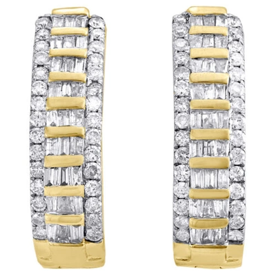 Pre-owned Jfl Diamonds & Timepieces 10k Yellow Gold Tapered Baguette Diamond Oval Hinged Hoop Dome Earrings 1.50 Ct. In White