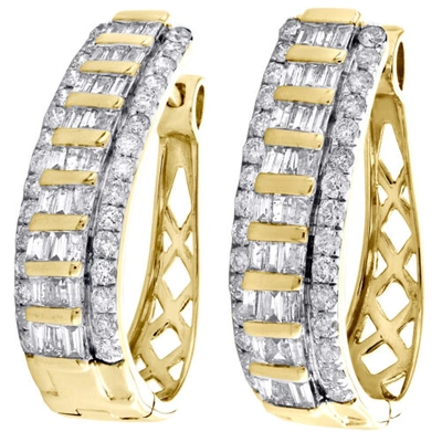 Pre-owned Jfl Diamonds & Timepieces 10k Yellow Gold Tapered Baguette Diamond Oval Hinged Hoop Dome Earrings 1.50 Ct. In White