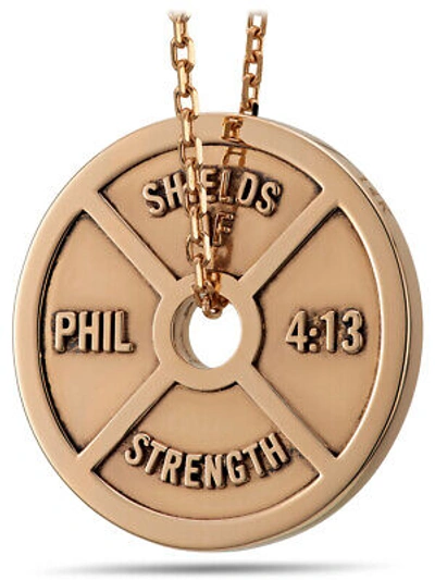 Pre-owned Shields Of Strength Women's Solid 14k Rose Gold Mini Weight Plate Necklace - Philippians 4:13
