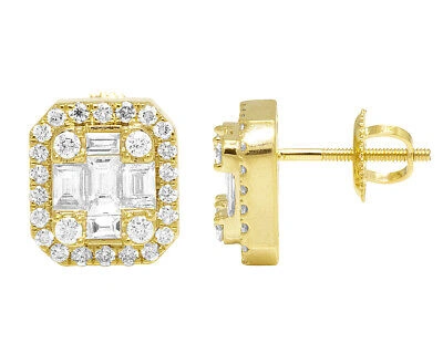 Pre-owned Jewelry Unlimited 14k Yellow Gold Real Diamond Baguette Halo Rectangle Stud Earrings 10.5mm 1 Ct In F-g