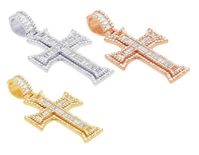 Pre-owned Jewelry Hiphop Baguette Real Diamond Cross Pendant 3.1ct 10k Yellow Gold 2.25" In White