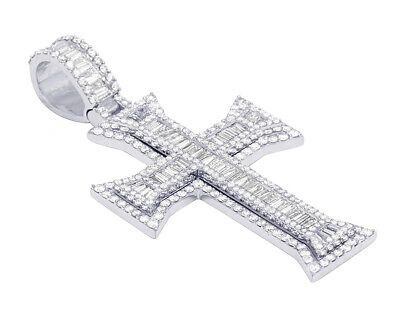 Pre-owned Jewelry Hiphop Baguette Real Diamond Cross Pendant 3.1ct 10k Yellow Gold 2.25" In White
