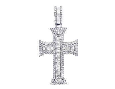 Pre-owned Jewelry Hiphop Baguette Real Diamond Cross Pendant 3.1ct 10k Yellow Gold 2.25" In White