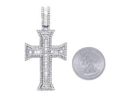 Pre-owned Jewelry Hiphop Baguette Real Diamond Cross Pendant 3.1ct 10k Yellow Gold 2.25" In White