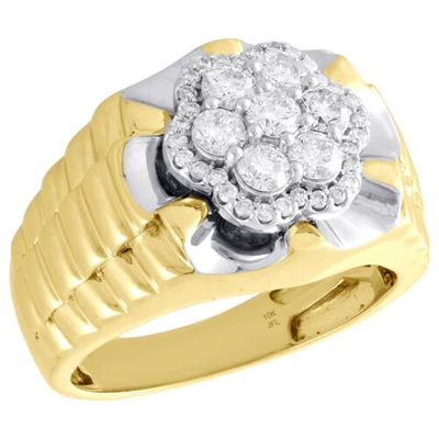 Pre-owned Jfl Diamonds & Timepieces 10k Yellow Gold Real Diamond Cluster Band Halo Frame 15mm Men's Pinky Ring 1 Ct. In White