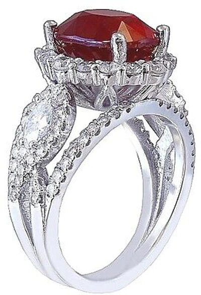 Pre-owned Ruby 14k White Gold Oval  And Diamonds Engagement Ring Deco Bridal Halo 4.50ct In Red