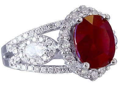 Pre-owned Ruby 14k White Gold Oval  And Diamonds Engagement Ring Deco Bridal Halo 4.50ct In Red