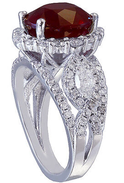 Pre-owned Ruby 14k White Gold Oval  And Diamonds Engagement Ring Deco Bridal Halo 4.50ct In Red