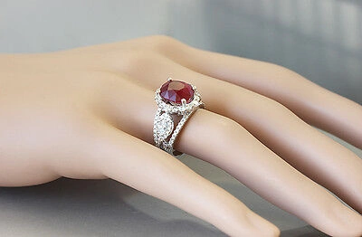 Pre-owned Ruby 14k White Gold Oval  And Diamonds Engagement Ring Deco Bridal Halo 4.50ct In Red