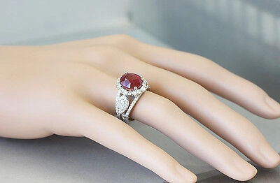 Pre-owned Ruby 14k White Gold Oval  And Diamonds Engagement Ring Deco Bridal Halo 4.50ct In Red