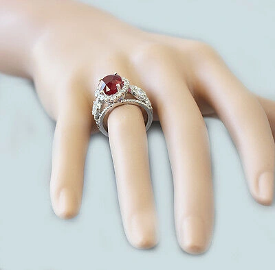 Pre-owned Ruby 14k White Gold Oval  And Diamonds Engagement Ring Deco Bridal Halo 4.50ct In Red