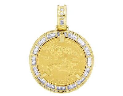 Pre-owned Jewelry Unlimited 10k Yellow Gold Real Diamond Baguette Liberty Coin Pendant 1.5" 1.35ct 1/4oz