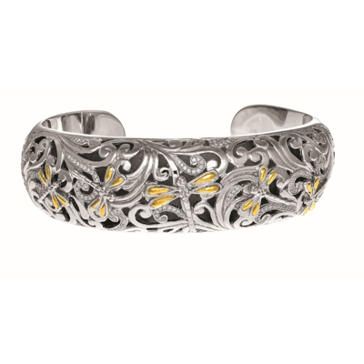 Pre-owned Phillip Gavriel 18k Gold 925 Silver Swirl Dragonfly .60ct Diamond Cuff Bracelet In White