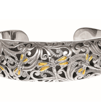 Pre-owned Phillip Gavriel 18k Gold 925 Silver Swirl Dragonfly .60ct Diamond Cuff Bracelet In White