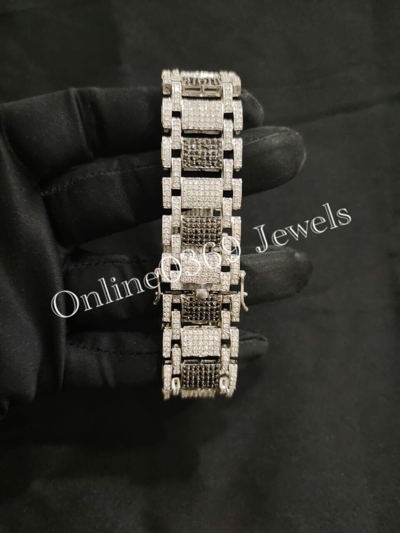 Pre-owned Online0369 14k White Gold Plated Silver Mens Classic Heavy Giant Bracelet In Vvs Moissanite