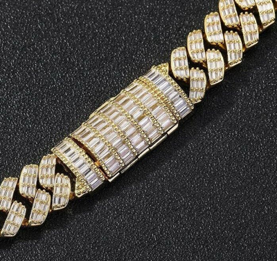 Pre-owned Online0369 Mens 14mm X 20 Inch Cuban Link Necklace 12ct Baguette Cubic Zirconia Silver In White