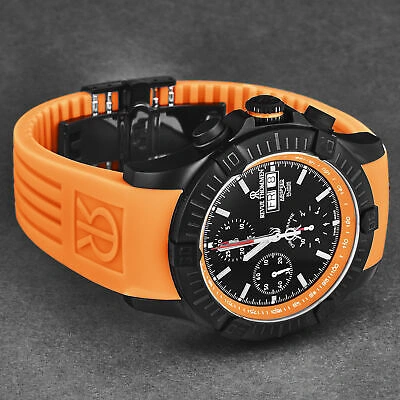 Pre-owned Revue Thommen Mens Air Speed Black Dial Orange Strap Automatic Watch 16071.6679