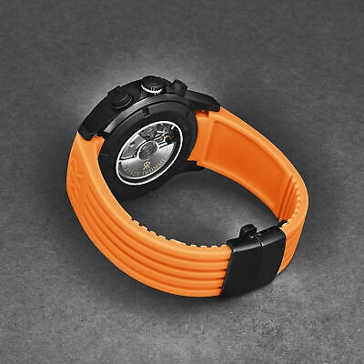 Pre-owned Revue Thommen Mens Air Speed Black Dial Orange Strap Automatic Watch 16071.6679