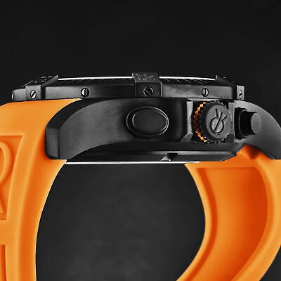 Pre-owned Revue Thommen Mens Air Speed Black Dial Orange Strap Automatic Watch 16071.6679
