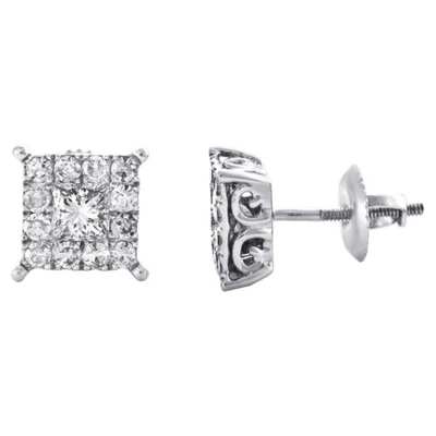 Pre-owned Jfl Diamonds & Timepieces 14k White Gold Princess Cut Real Diamond 4-prong Earring 8mm Cluster Studs 1 Ct.